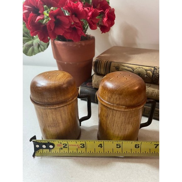 Vintage Mid Century Modern Chunky Wood Salt & Pepper Shakers with Iron Handles - Picture 9 of 9